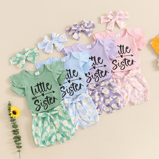 0-24M Baby Girls Summer Clothes Sets 3pcs Letter Print Short Sleeve Romper Sunflowers Shorts with Belt Headband