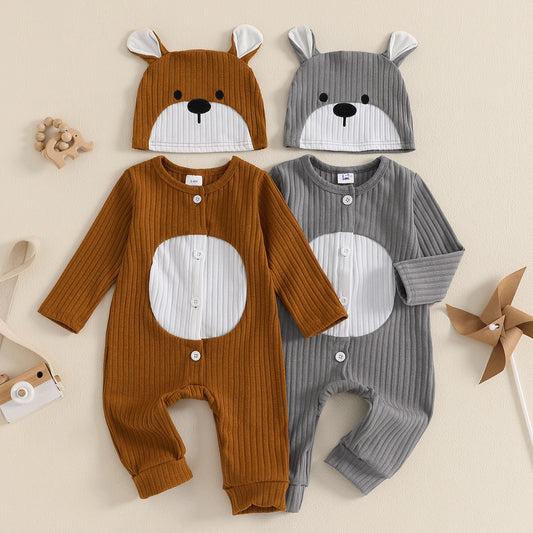 0-18M Newborn Baby Boys Romper Animal Cartoon Print Long Sleeve Crew Neck Full Length Button Down Jumpsuit with Hat