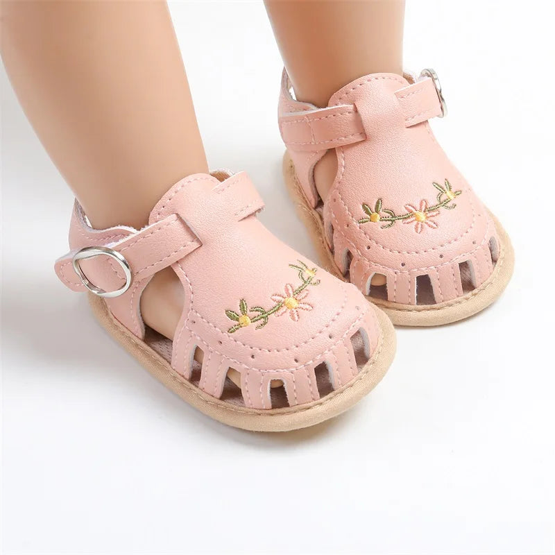 Newborn Baby Sandals PU Leather Non-slip Flower Embroidery Summer Flats Shoes