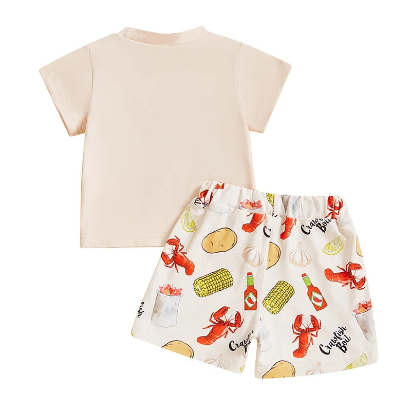 Boys Summer Outfit Set - Cartoon Letter T-shirt & Lobster Print Shorts