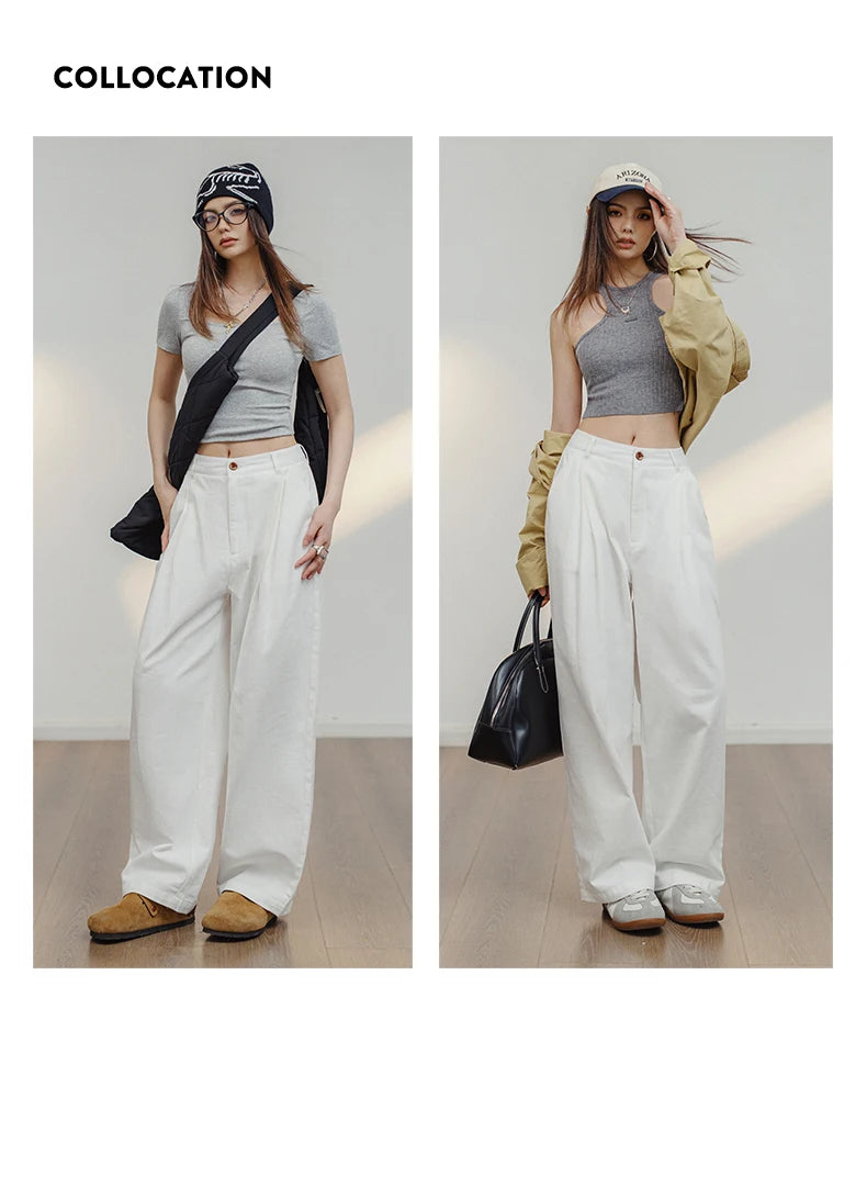 Women's White 100% Cotton Wide-Leg Cargo Trousers | Loose Straight Streetwear Pants