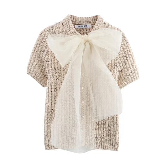 Women's Sheer Knit Short Sleeve Jacket with Bow Detail