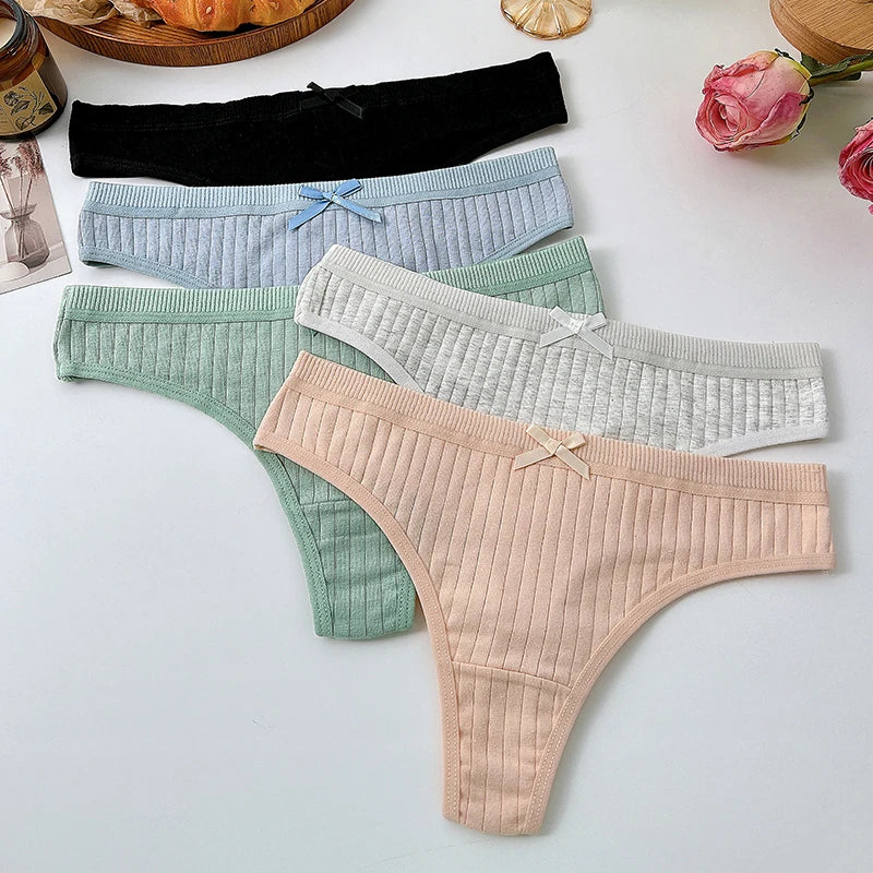 Women's Cotton Bow Tie Underwear 5-Pack - Ribbed Striped Low Waist Thongs