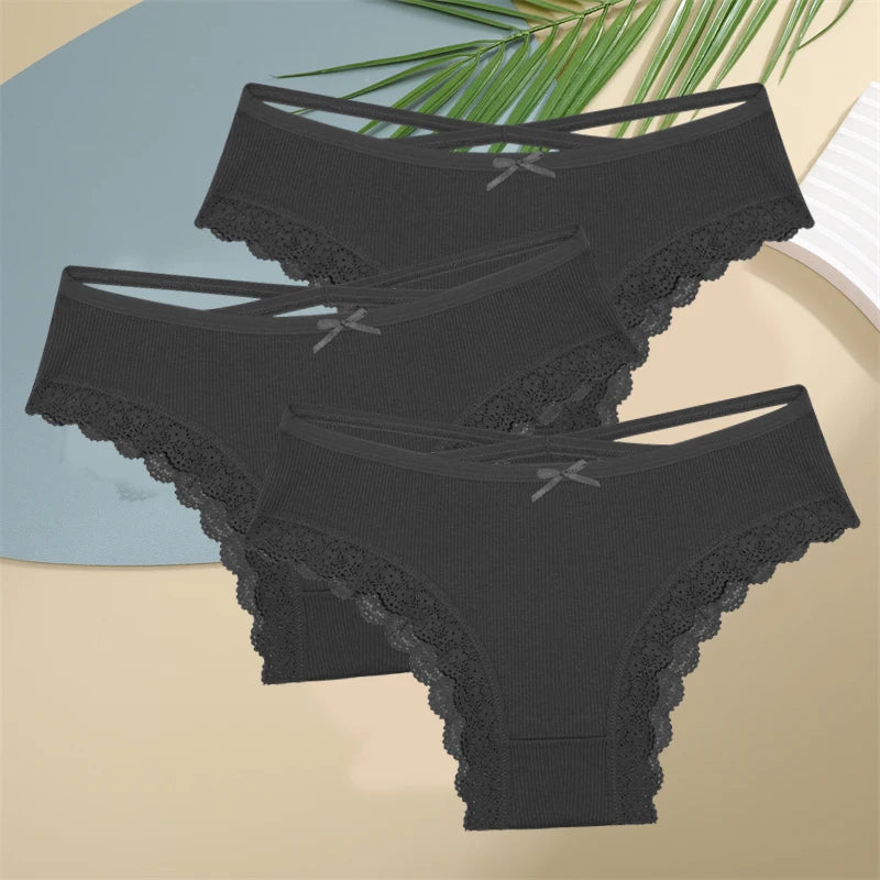 3PCS Women Cotton Underwear Panties Lace Briefs Low-Waist Cross Belt Hollow Out Cozy Lingerie