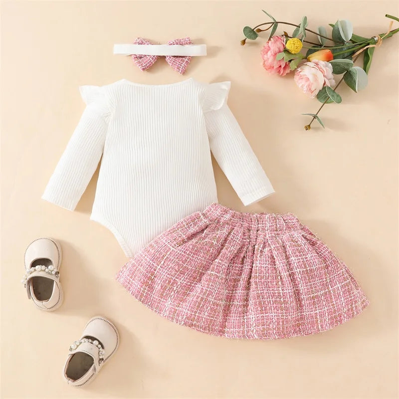 0-18M 3pcs Baby Girls Lovely Clothes Sets Bear Embroidery Long Sleeve Romper Plaid Skirts Headband