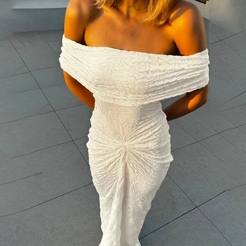 Women's Elegant Textured One-shoulder Ruched Sleeveless Tube Top Maxi Dress