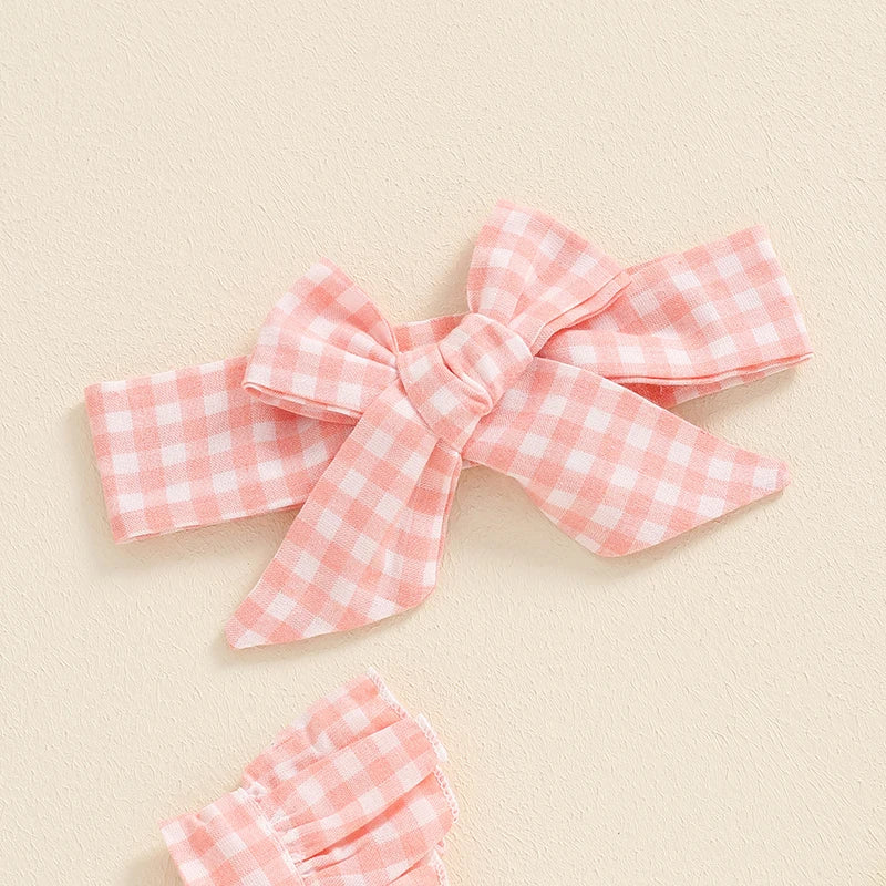 0-18M Baby Girls Summer Romper Outfits Fly Sleeve Plaid Print Ruffles Bowknot Jumpsuits with Headband