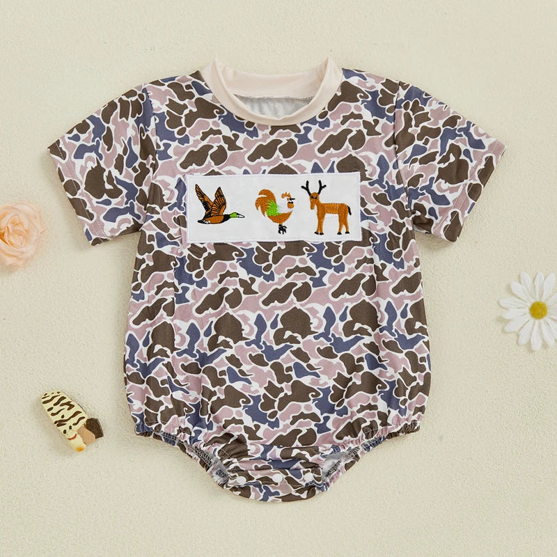 0-18M Summer Casual Baby Boys Romper Camouflage Print Short Sleeve Animal Embroidery Round Neck Jumpsuit