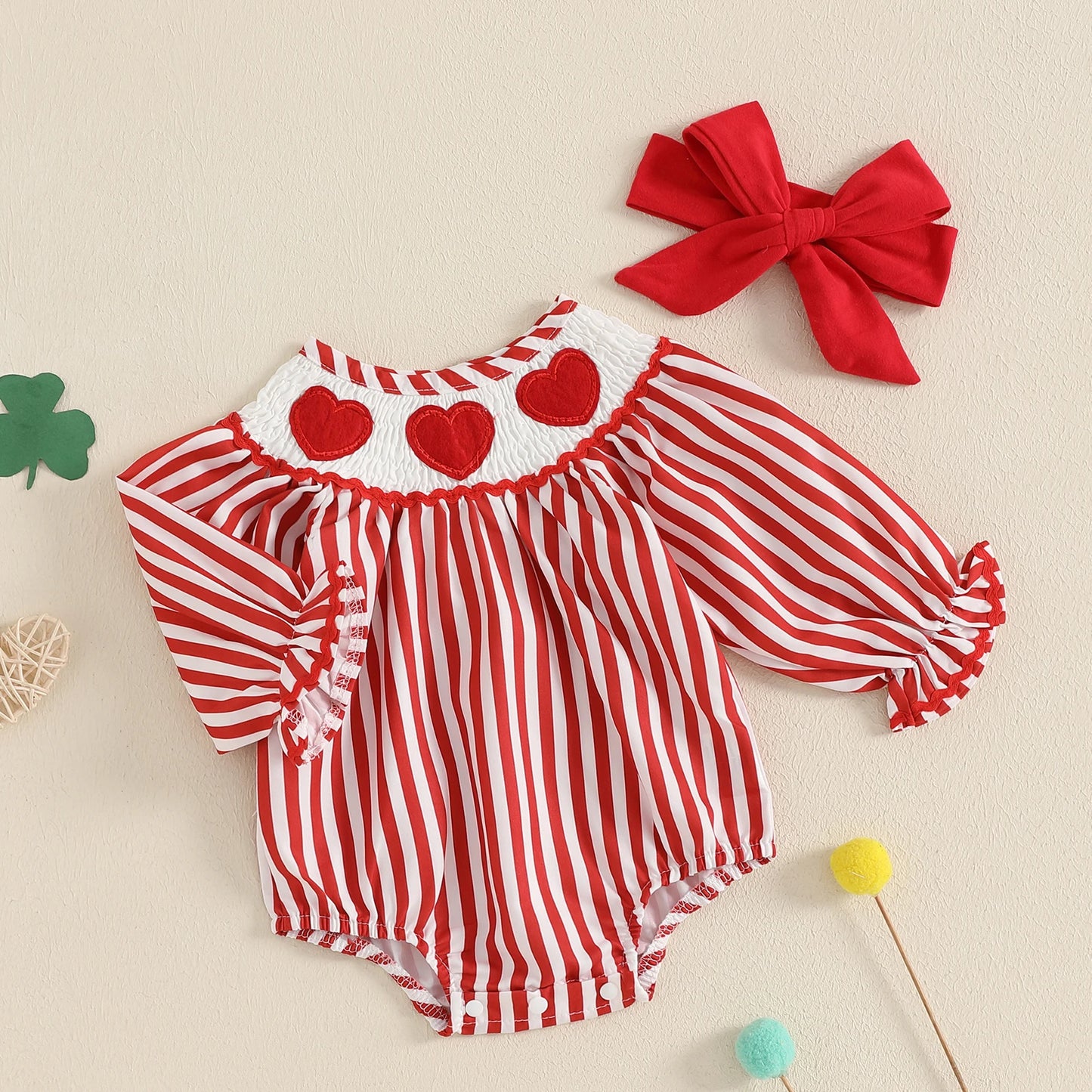 Baby Girls Striped Romper with Heart Embroidery & Hairband Set (0-18M)