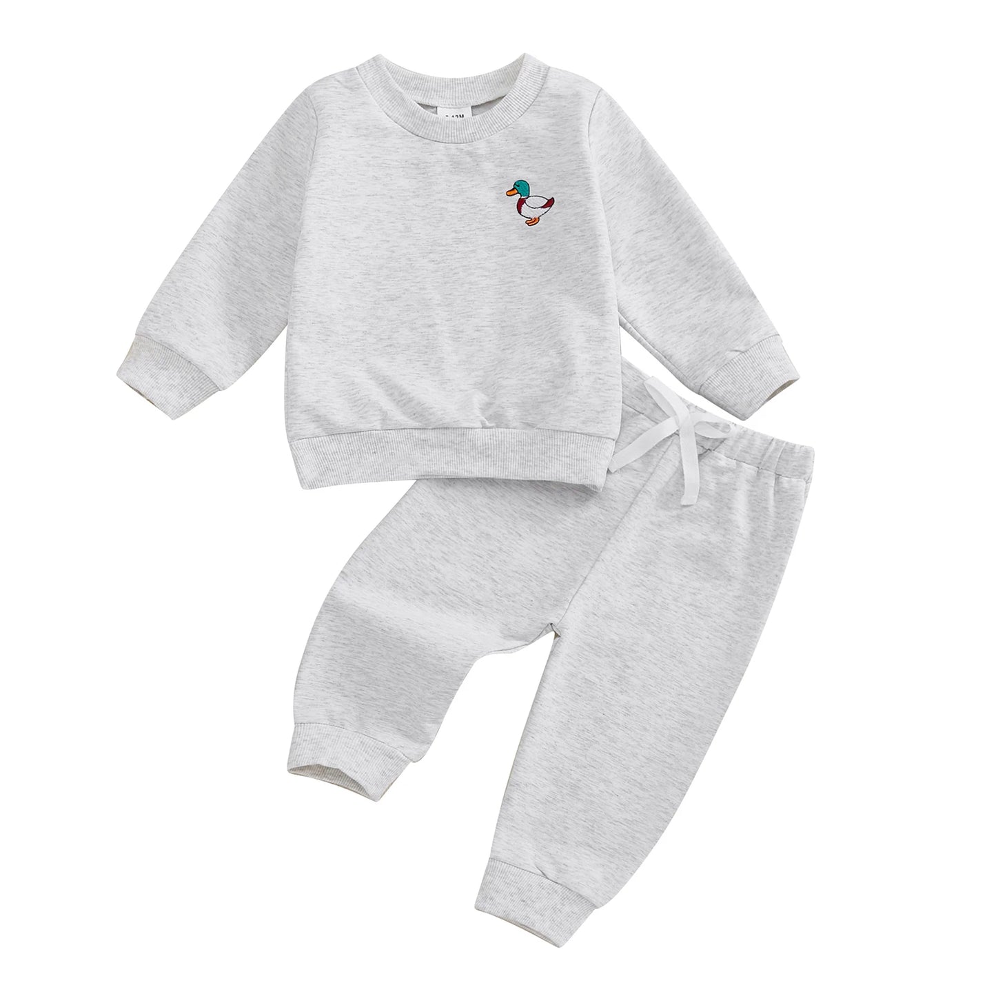 0-4Y Infant Baby Boys Fall Clothes Sets 2pcs Duck Embroidery Long Sleeve Crew Neck Tops with Elastic Waist Pants