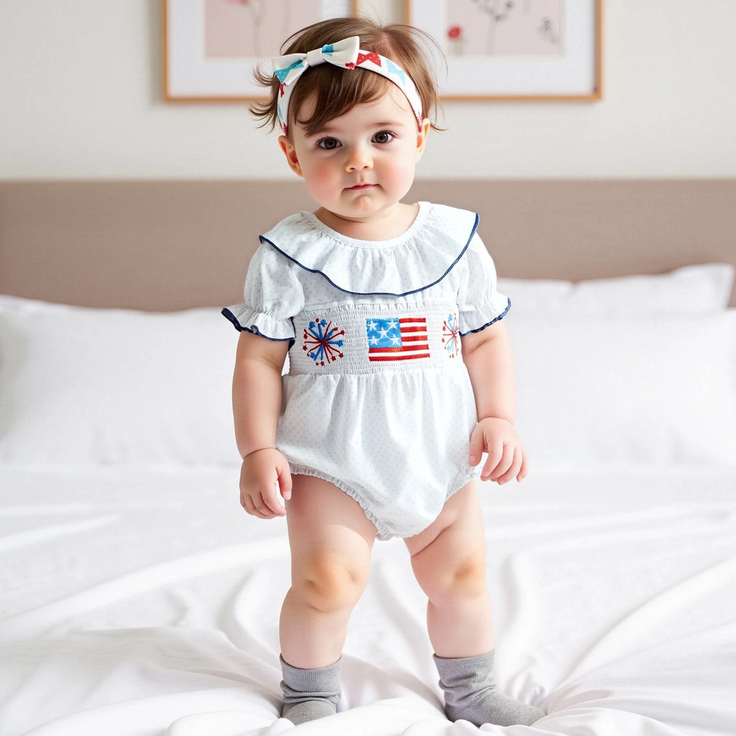 Baby Girls' Independence Day Romper - Dot Print Bow Flag Embroidery Ruffled Jumpsuit