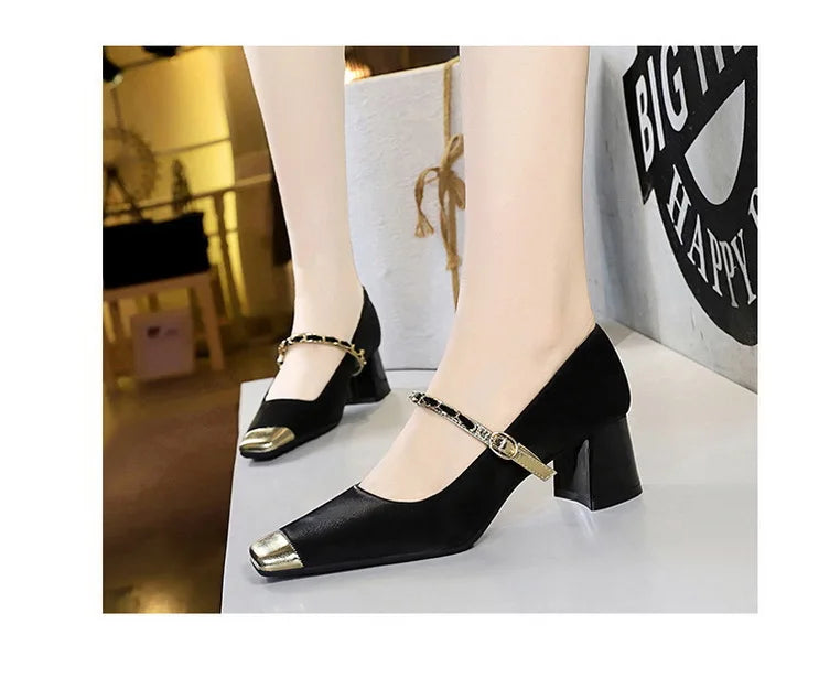 Women's Square Toe Metal Chain Temperament Mary Jane Middle Heel Shoes