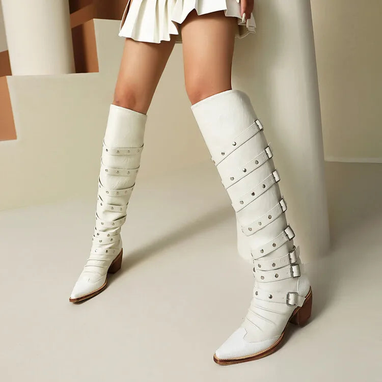 Women's 6cm Square Heel Knee High Boots Belt Buckle Rivet Pointed Leather Long Boots