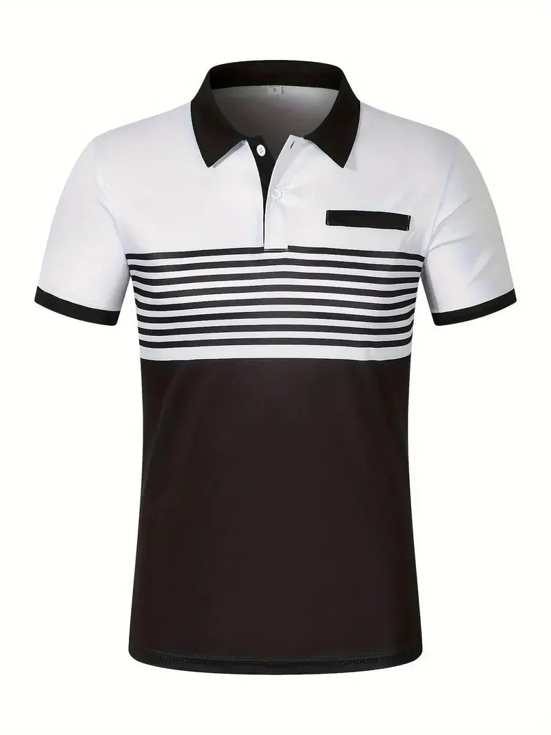 Men's Summer Polo Patchwork Short Sleeve Smart Casual Striped Turn Down Collar Shirt