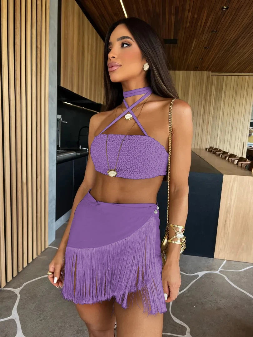 Women's Two Piece Halter Lace Bra Tassel Mini Skirt Set