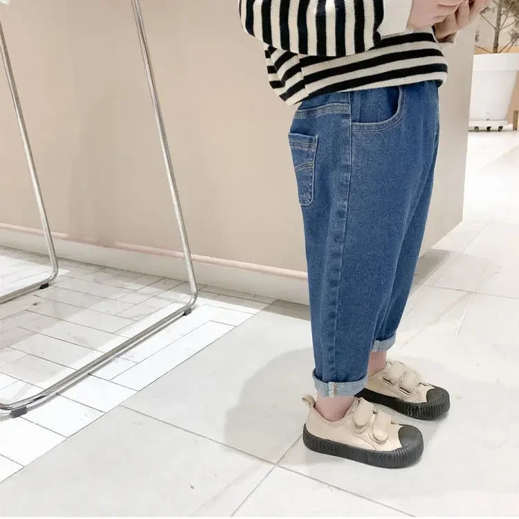 Baby Boy Girl Loose Jeans Style Casual Solid Colour Jeans Spring Autumn Children's Denim Pants