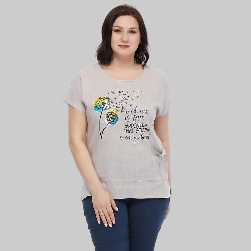 Women's Oversized Cotton Linen Floral Print T-Shirt – Short Sleeve