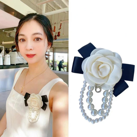 Women's Ribbon Camellia Pearl Bow Tie Fabric Flower Brooch Tassel Lapel Pins