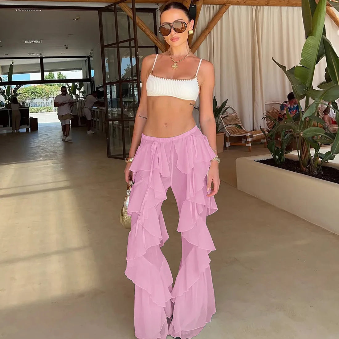 Women's Ruffled Tie Detail Flared Pants - Mesh Sheer Stretch Trousers