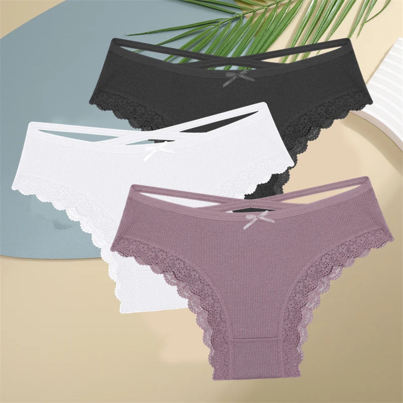 3PCS Women Cotton Underwear Panties Lace Briefs Low-Waist Cross Belt Hollow Out Cozy Lingerie