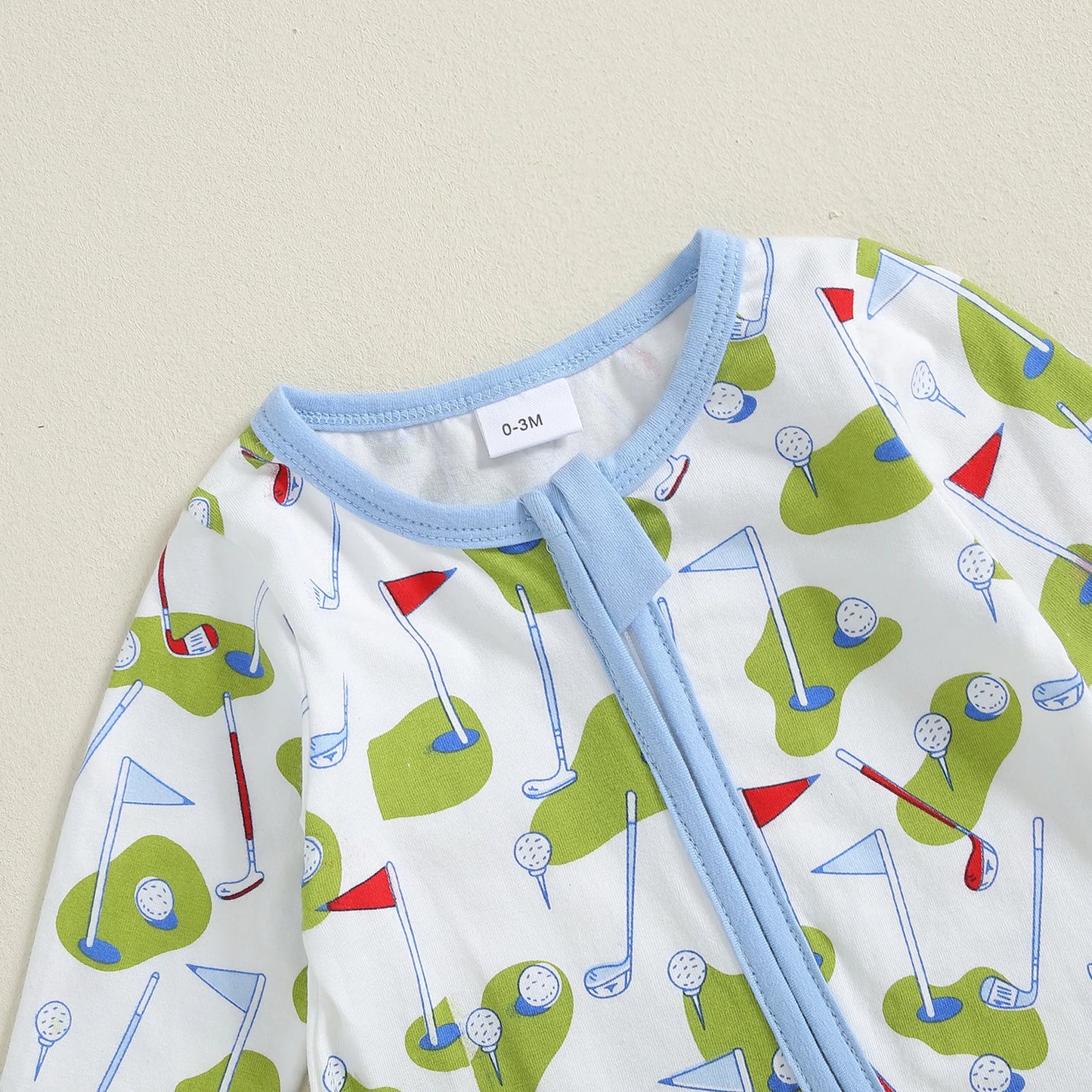 Newborn Baby Footed Romper - Long Sleeve Cartoon Golf Print Zipper Jumpsuit