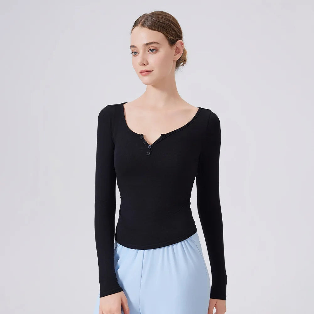 Women's Long Sleeve V-Neck Yoga Shirt - Slim Fit Breathable Workout Top