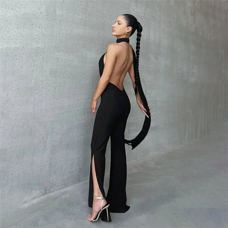 Women's Deep V Wrap Around Halter Backless Flare Pants Jumpsuit -  One-Piece Rompers Overalls