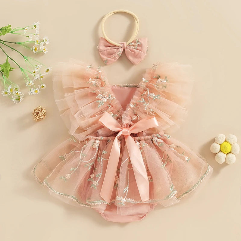 Baby Girls Summer Romper Dress with Headband - Floral Embroidery Tulle Jumpsuit