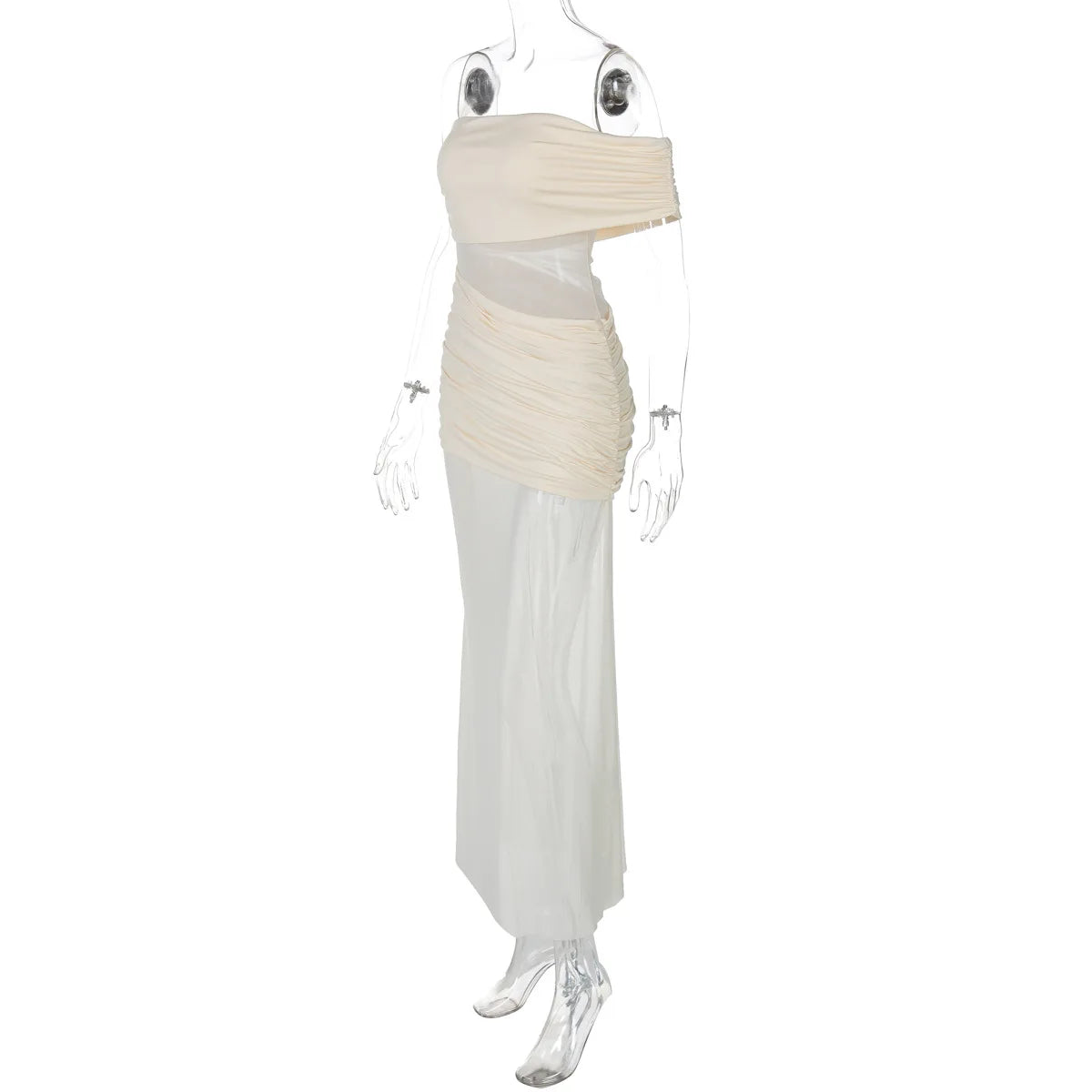 Women's Off Shoulder Ruched Mesh Maxi Dress - Backless Summer Club Dress