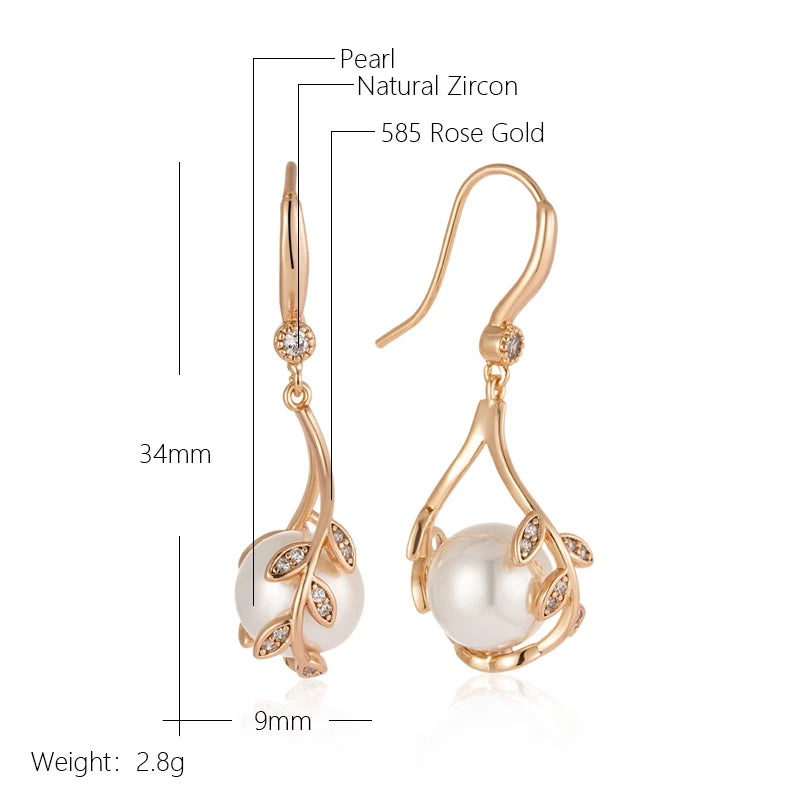 Women's 585 Rose Gold Colour Natural Zircon Pearl Long Drop Earrings