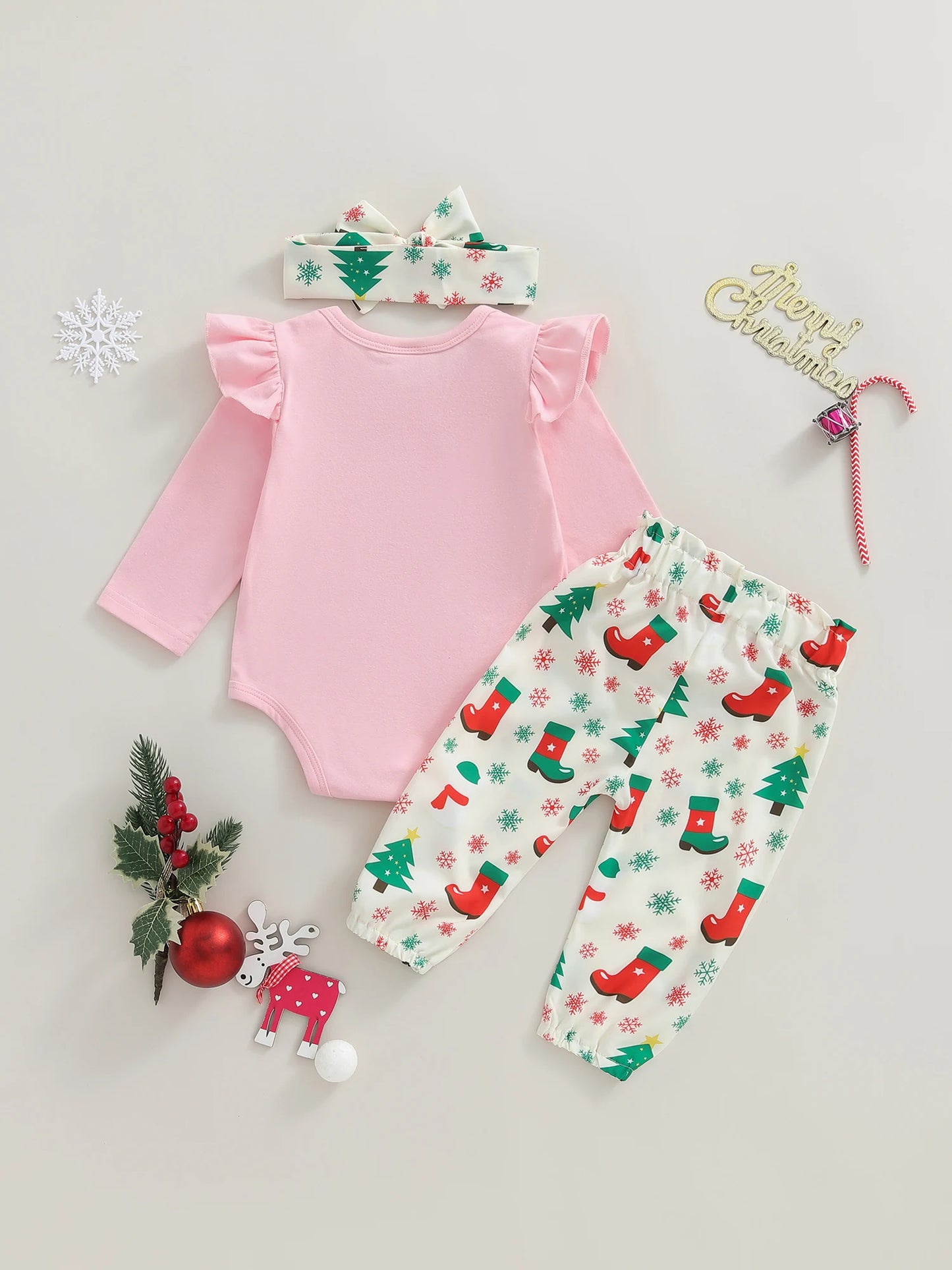 Baby Girls Christmas Outfit Set - 3-Piece Letter Long Sleeve Romper, Pants & Bow Headband (0-18M)