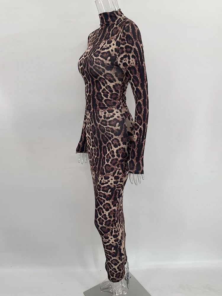 Women's Leopard Print Maxi Long Sleeve Gown Dress