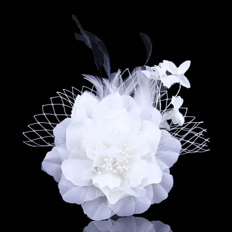 Fabric Flower Brooch with Feather - Elegant Cloth Art Corsage Lapel Pin