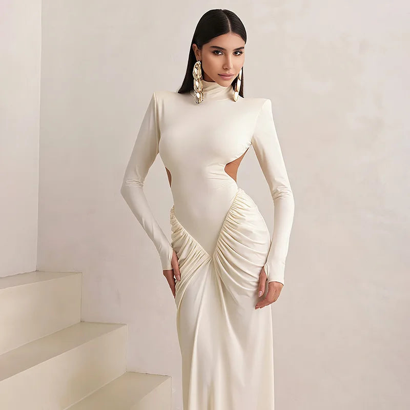 Women's Ruched Long Sleeve Maxi Dress - Elegant Backless Evening Gown
