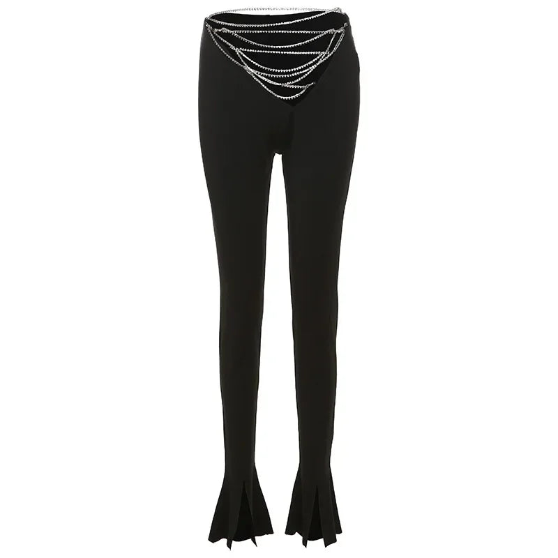 Women's Chain Trousers Set Sequin Navel-Baring Long Sleeve high Waist Hollow Slim Pants Matching Set