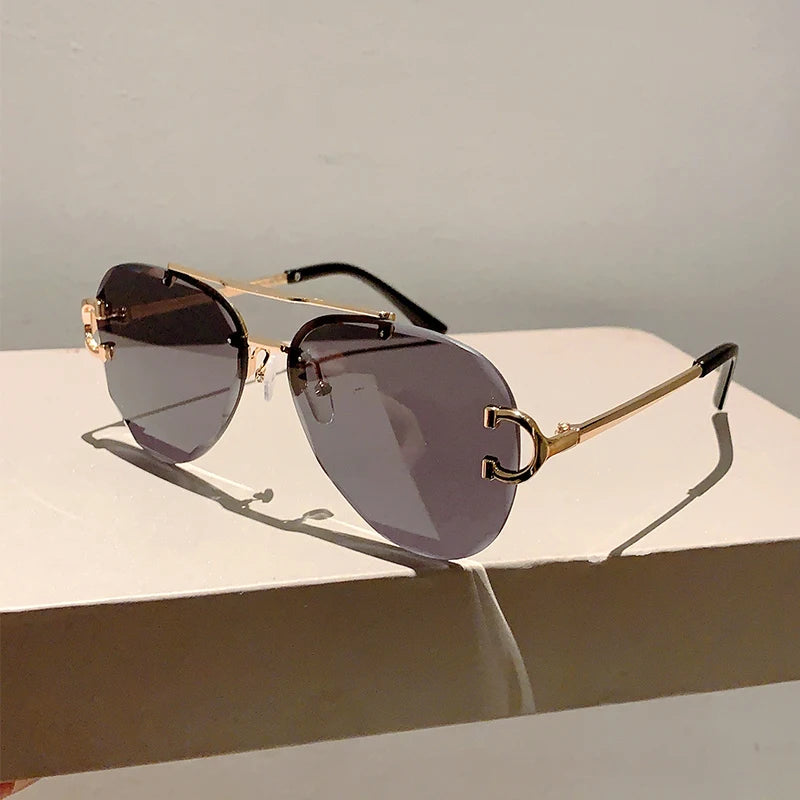 Unisex Vintage Rimless Classic Double Bridge Pilot Gradient Sunglasses