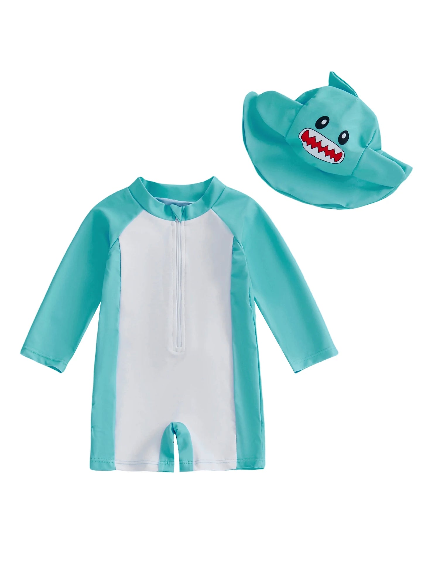 Baby Boys Rash Guard Swimsuit Set - Long Sleeve Zip-Up with Sun Cap