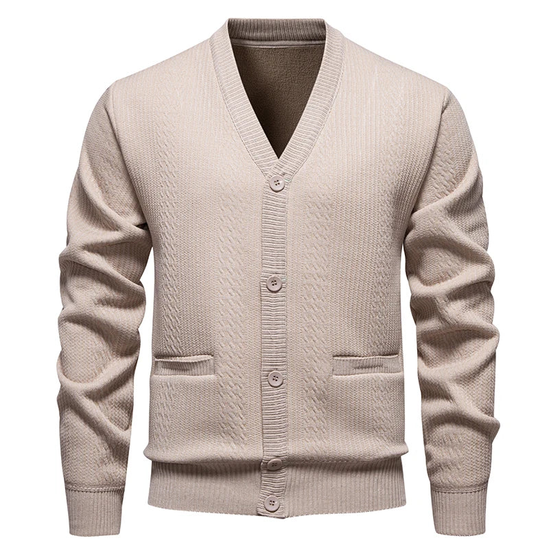 V-Neck Fleece Cardigan - Single Breasted Knitted Jacket