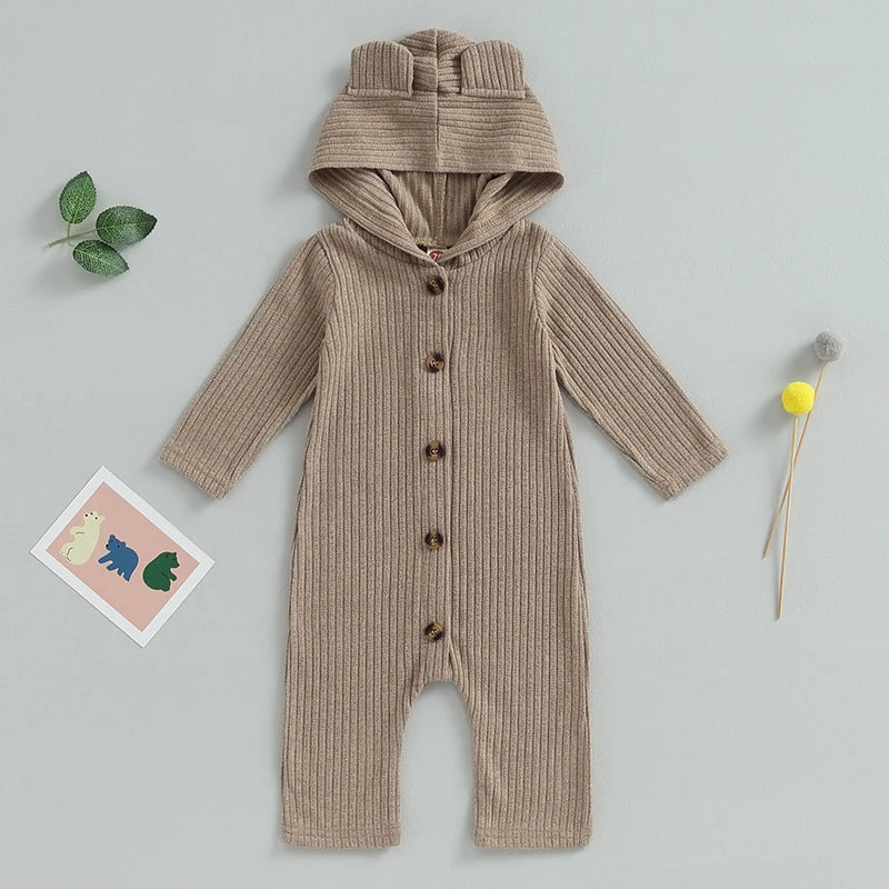 0-12M Autumn Baby Romper - Solid Colour Long Sleeve Hooded Jumpsuit for Boys & Girls