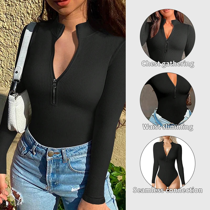 Women's Ribbed One Piece Zip Front Long Sleeve Top Bodysuit