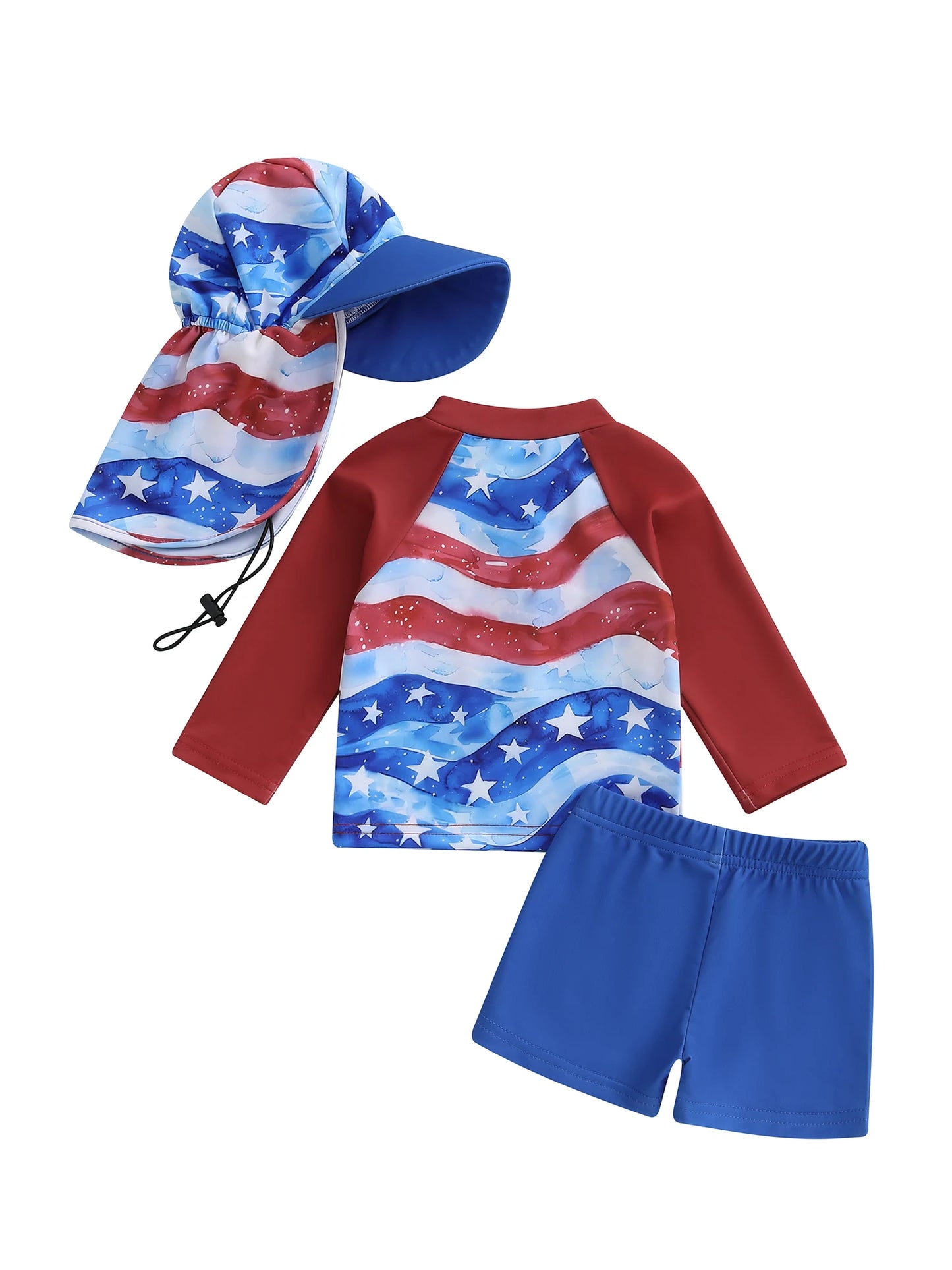 0-5Y American Flag Kids Boys 4th Swimwear Clothes Sets Long Sleeve Stars Print T-shirt with Shorts and Hat
