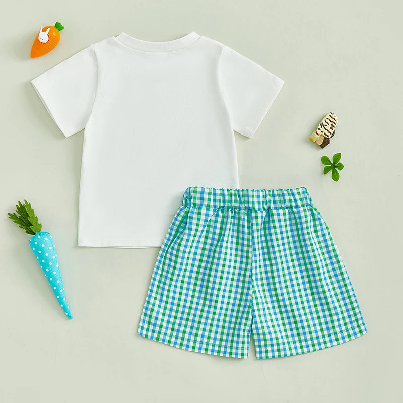 0-4Y Toddler Kids Boys Easter Clothes Set 2pcs Rabbit Embroidery Short Sleeve  Plaid T-Shirt with Elastic Waist Shorts