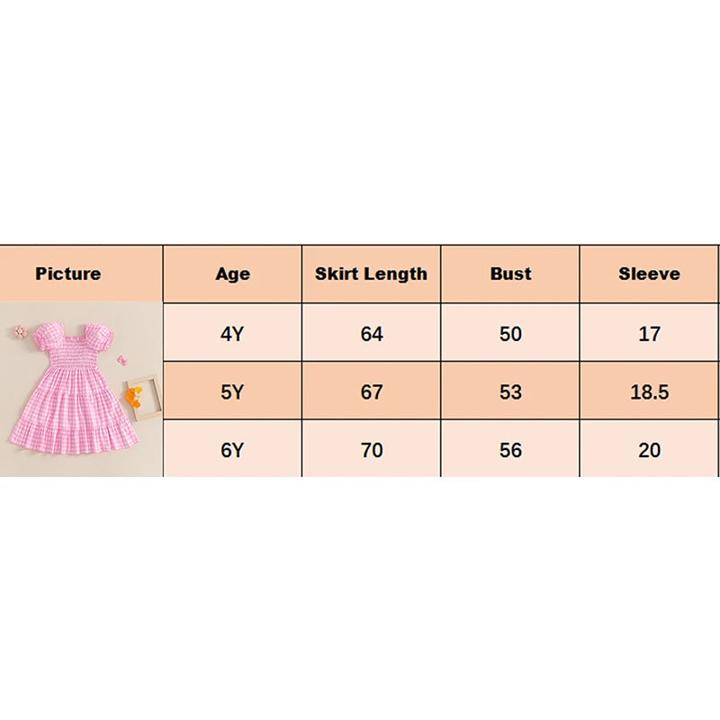 4-6Y Kids Girl's Summer Dress Plaid Print Short Puff Sleeve Square Neck Tiered A-Line Dress