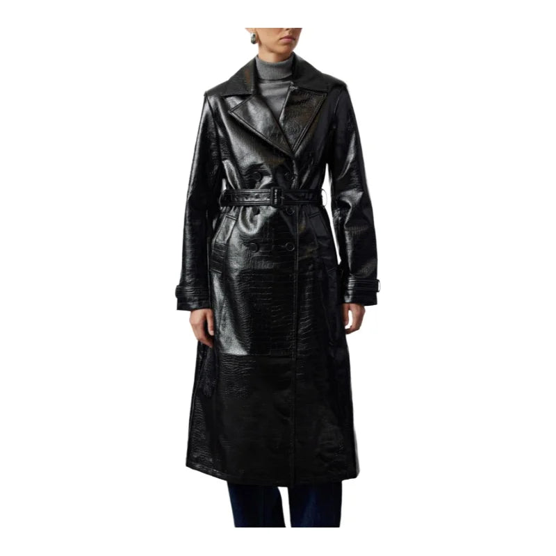 Women's Faux leather long Trench Belted,Regular fit Coat  Jacket