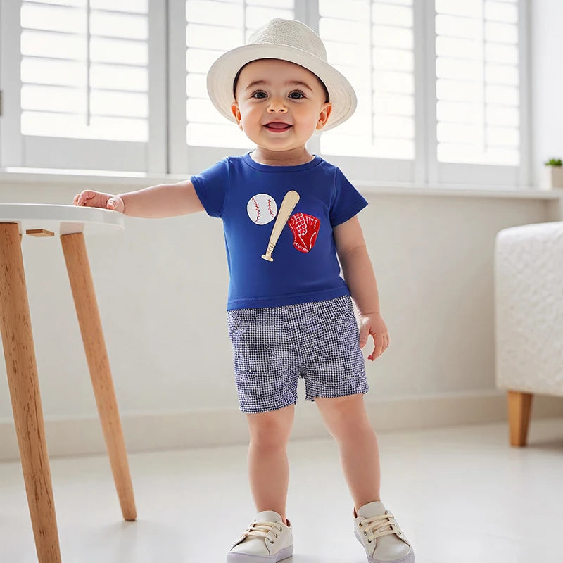 Baby Boys Baseball Outfit Set - Embroidery T-Shirt with Plaid Shorts