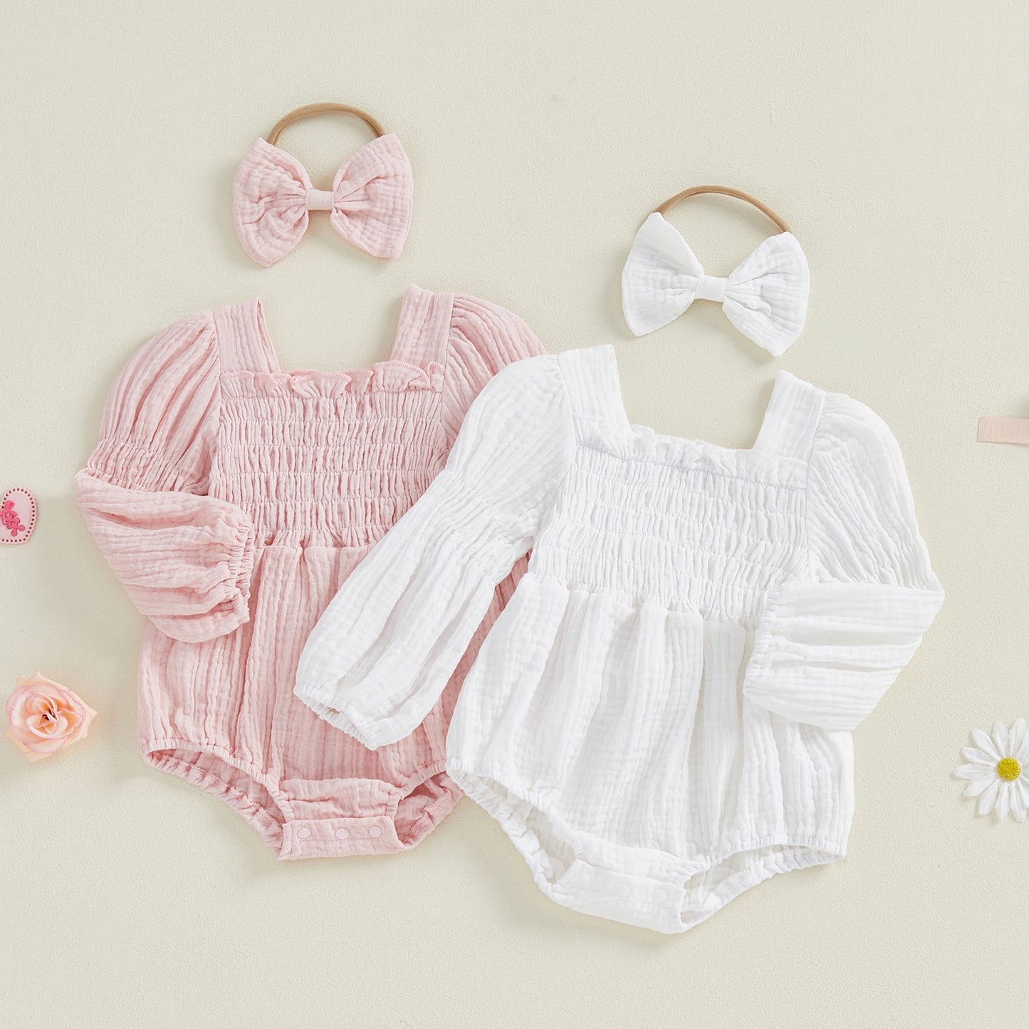 Baby Romper Set - Long Sleeve Smocked Jumpsuit with Headband