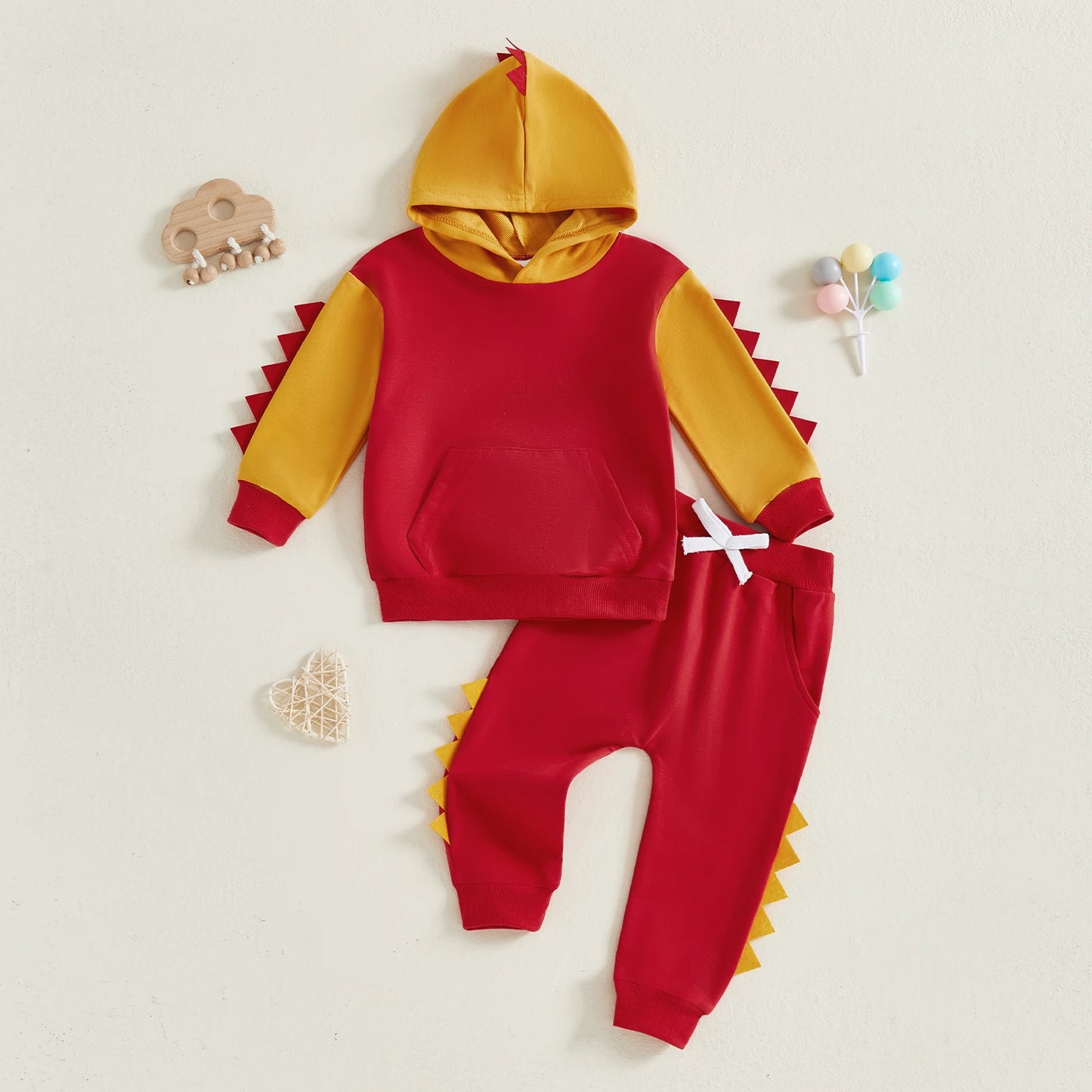 Toddler Dinosaur Hooded Outfit Set - Contrast Color Long Sleeve Top & Pants (0-5Y)