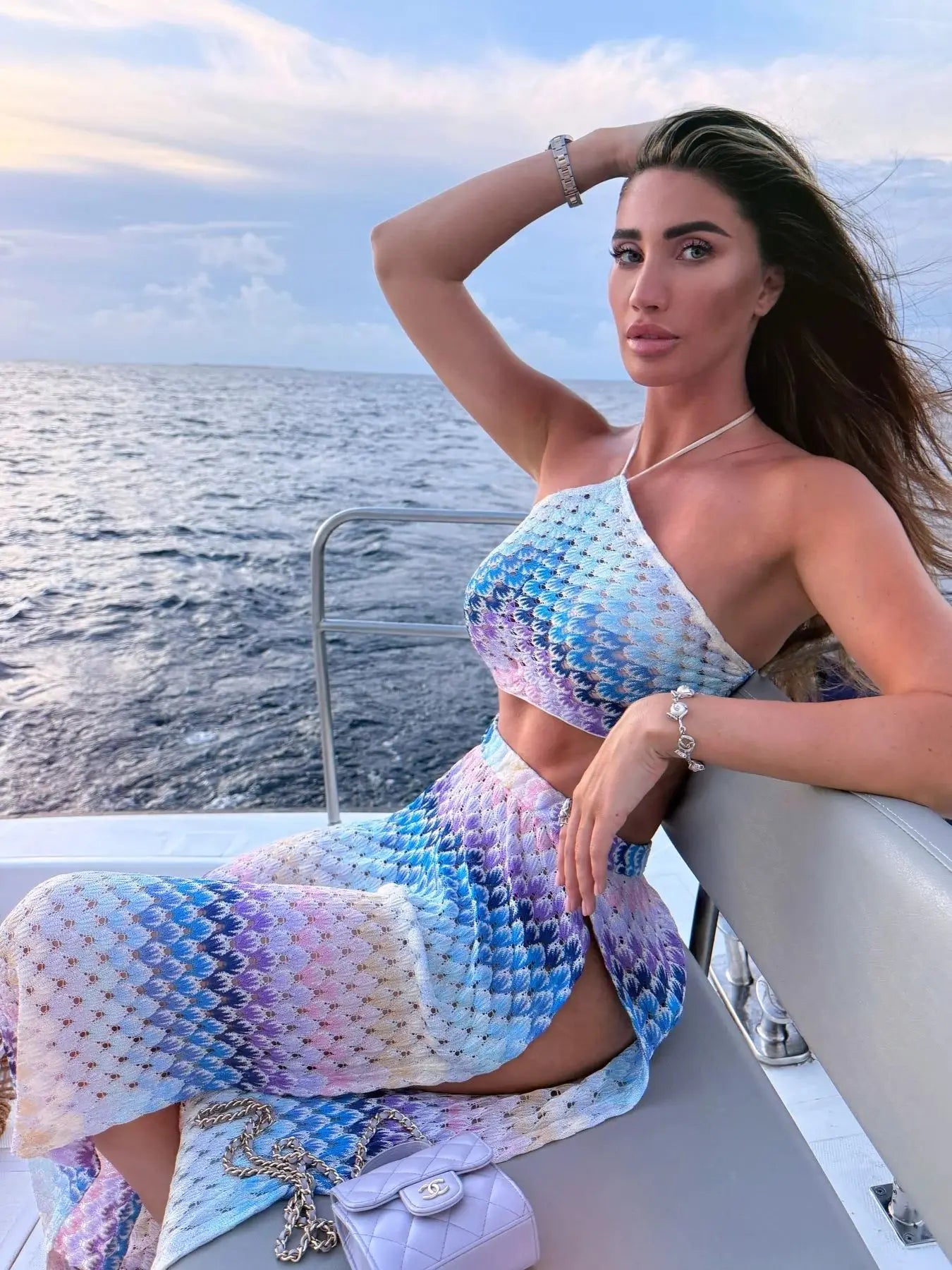 2-Piece Halter Print Set - Tube Top with Mesh Split Pants