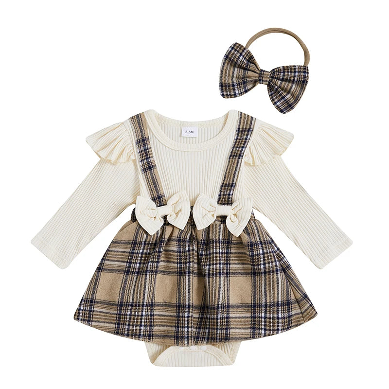 0-18M  Baby Girls  Romper Dress Long Sleeve Round Neck Plaid Print Patchwork Bow Jumpsuits with Headband