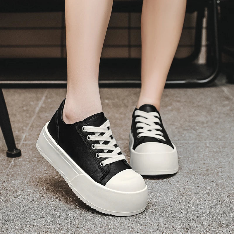 Men's Leather Platform Sneakers - Vulcanized Tennis Sports Shoes